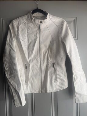 Women's White Quilted Panel Leather like Moto Jacket